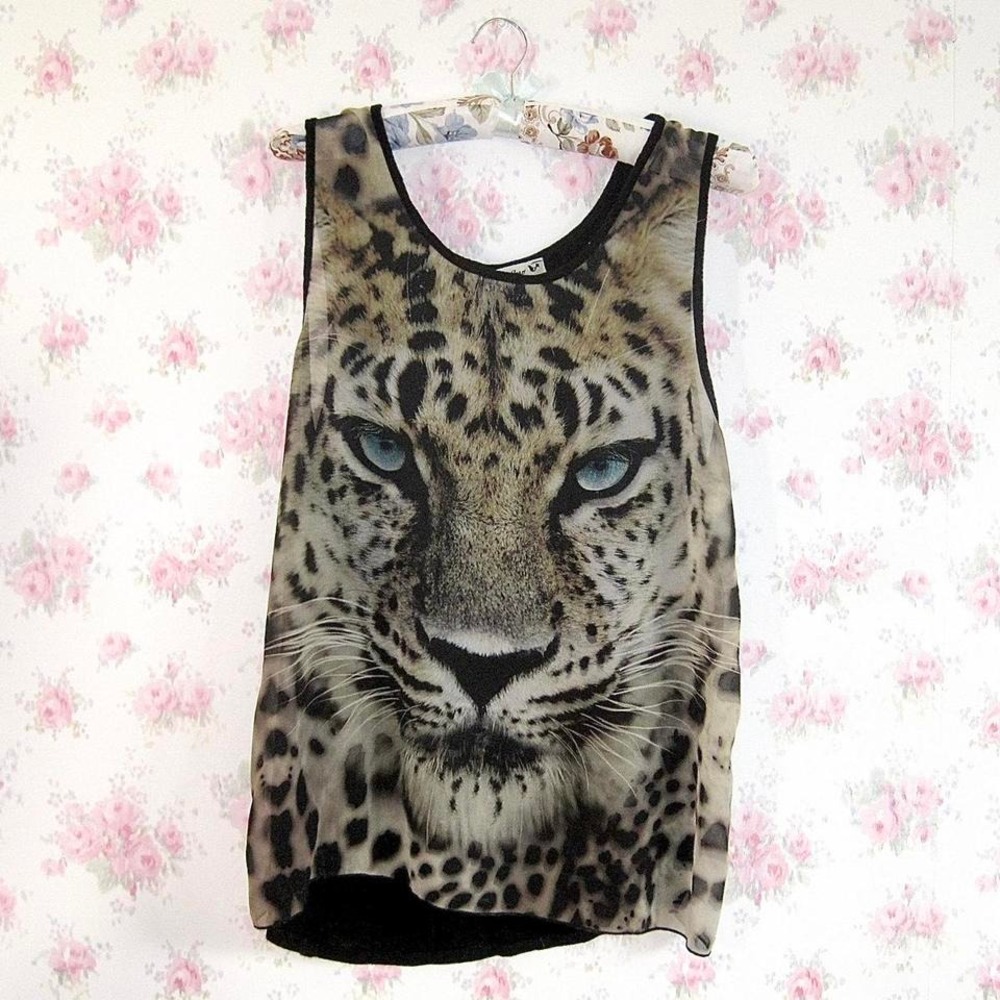 2010s Leopard Face Graphic Tank – Sheer Black Animal Print Top